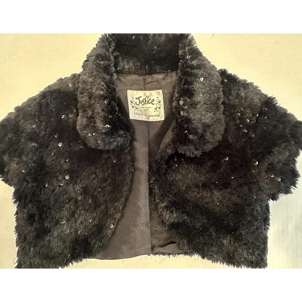 Justice Black Sequence Stole Girls Size 6-7 Dress Sweater Faux Fur Shall